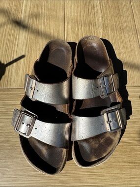 Birkenstock Metallic Rose Gold Double-Buckle Slides